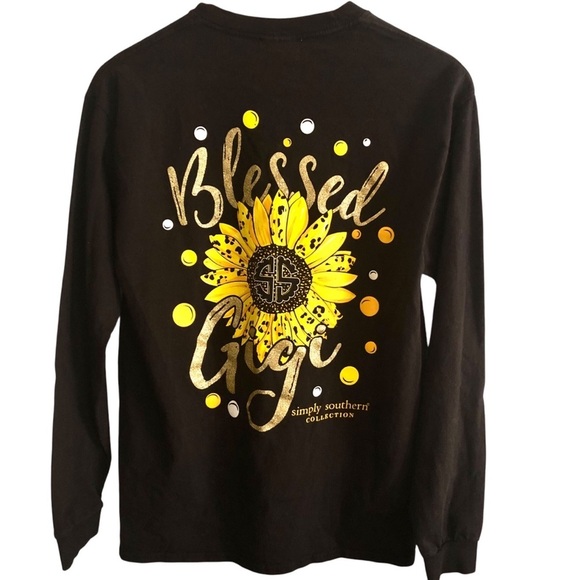 Simply Southern Long Sleeve Tee T Shirt Sz M Black Sunflower Blessed Spell out - Picture 1 of 5